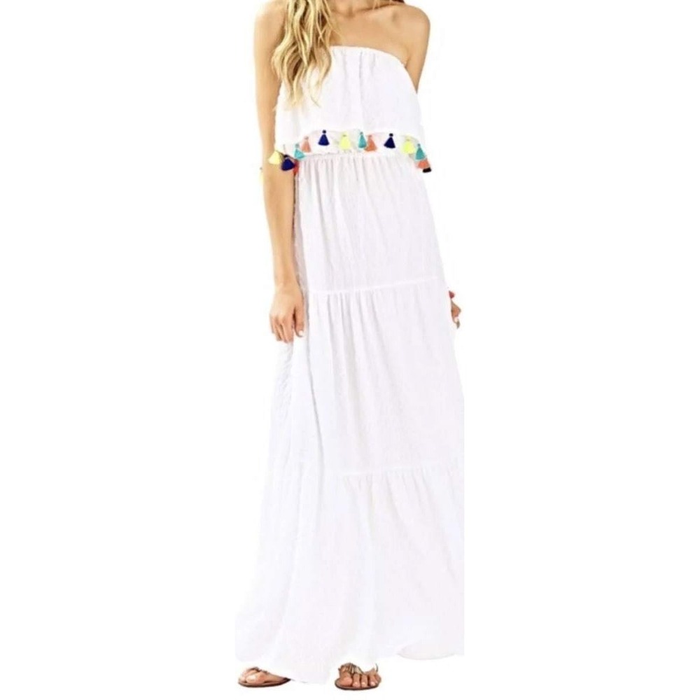 Lilly Pulitzer Caridee Maxi Dress Womens XS Resort White Tassel Strapless Tiered